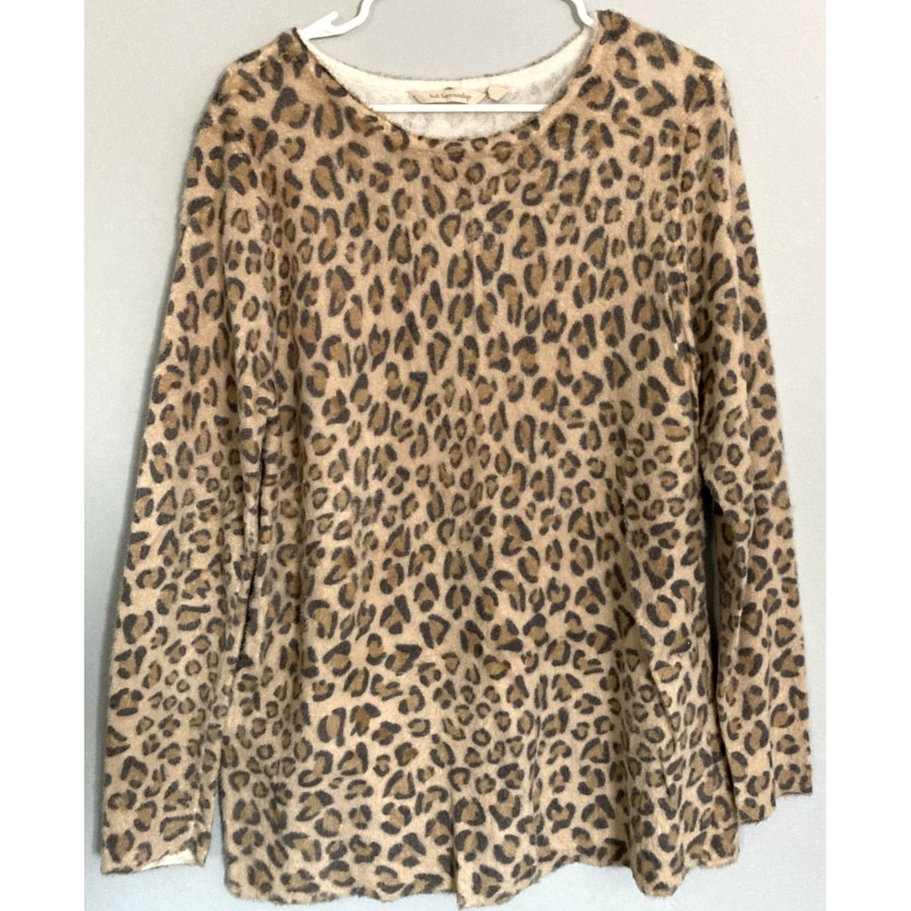 Soft Surroundings Sweater Womens L Brown Leopard Print Fuzzy Knit Pullover Top